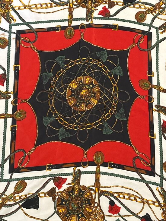 Hermès Accessories - Hermès Paris 100% Silk Scarf With Chain & Tassel Design In Red Black & Gold Tone